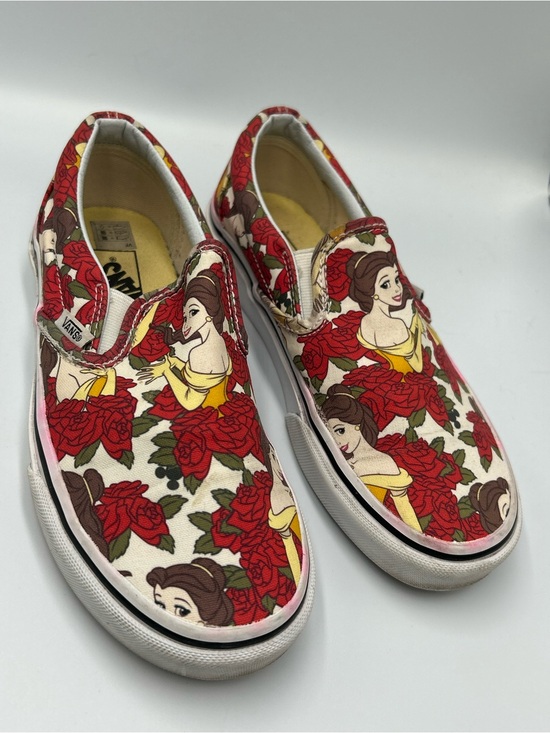 Vans Shoes - Vans Disney Cream Slip-On Sneakers with Belle and Red Rose Print